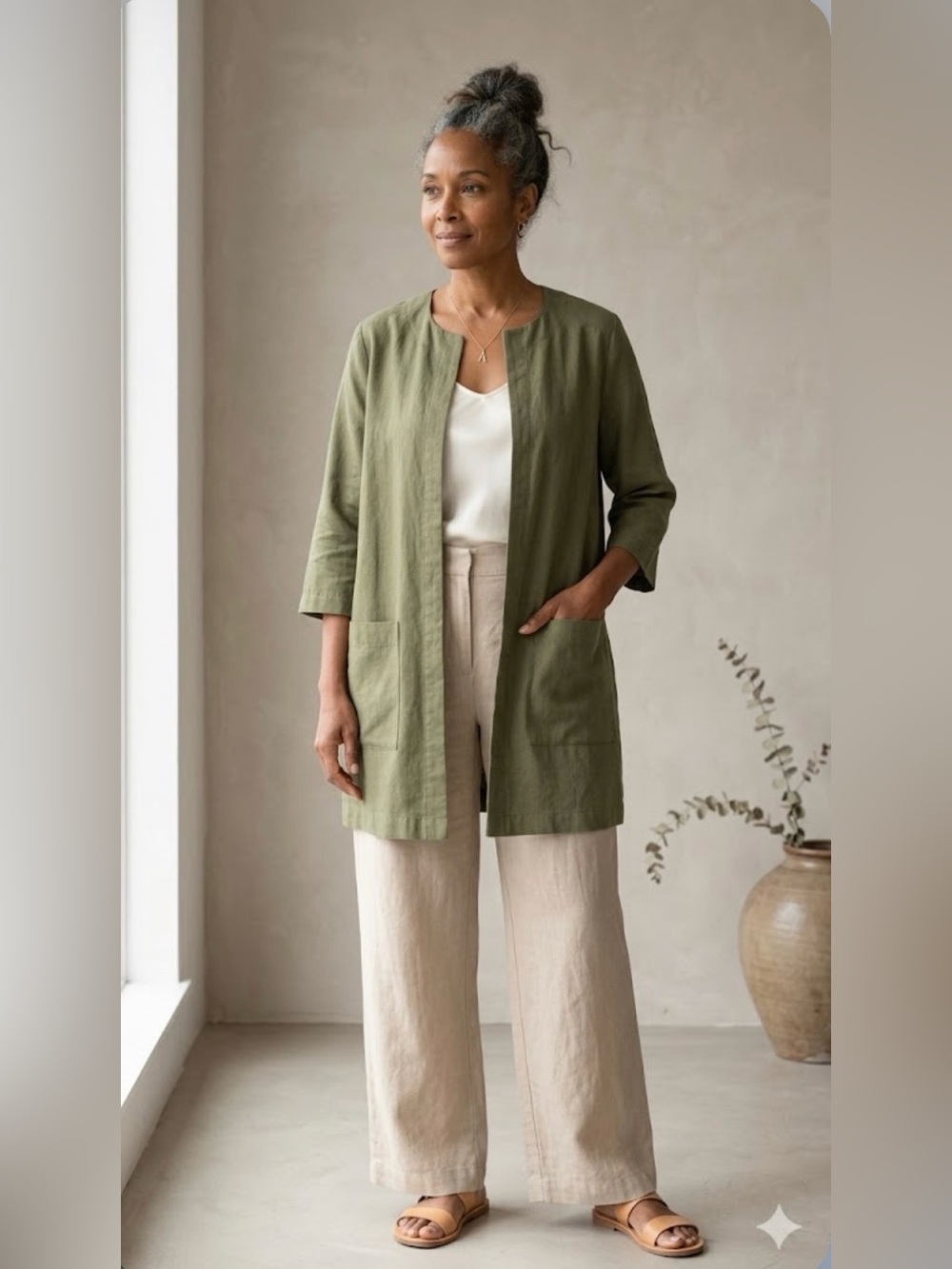 Eileen Fisher Olive Green Open-Front Lightweight Jacket